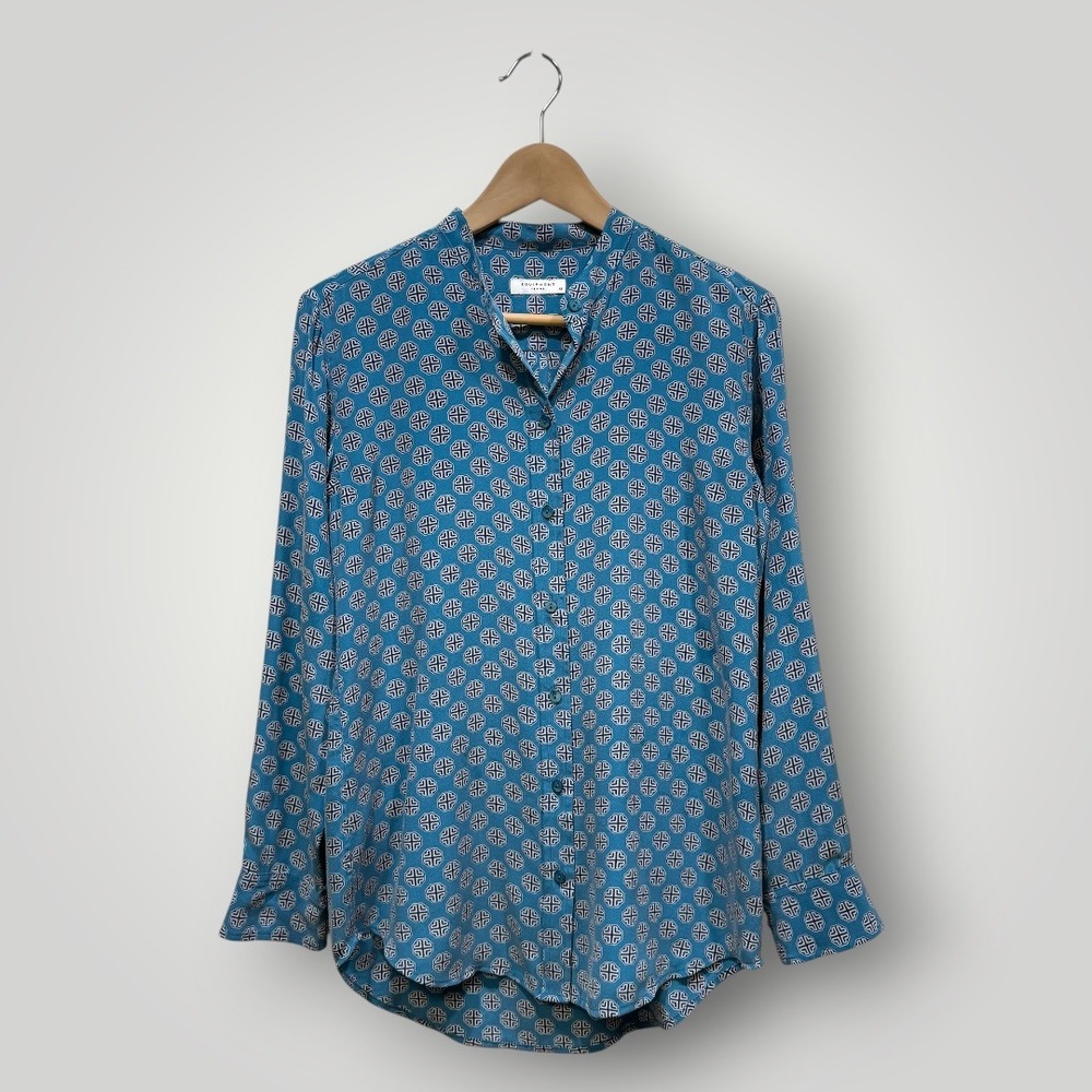 Equipment Femme Teal Blue Silk Geometric Print Band Collar Blouse Sz XS